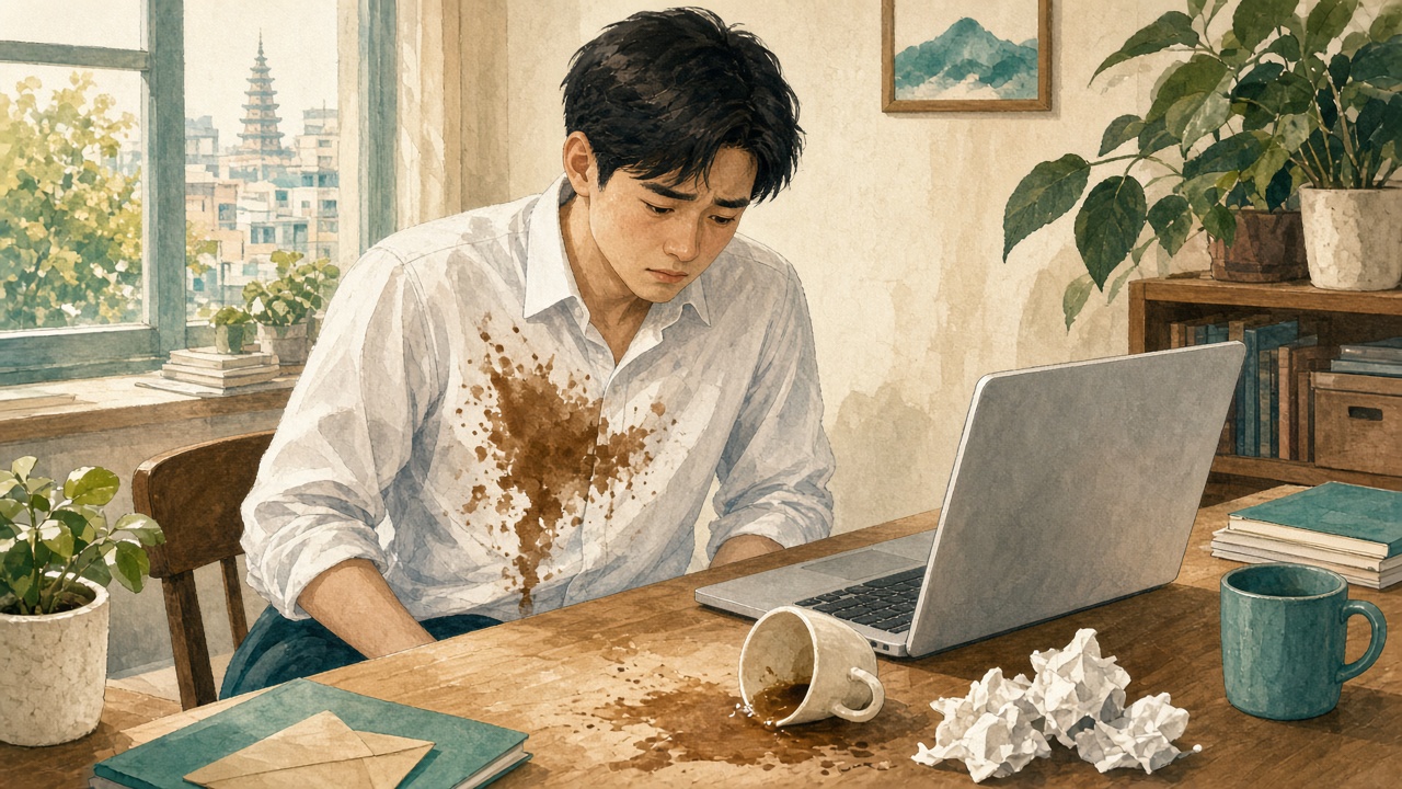 插畫：辦公室桌前，上班族看著白襯衫胸前的咖啡漬，手裡拿著紙巾