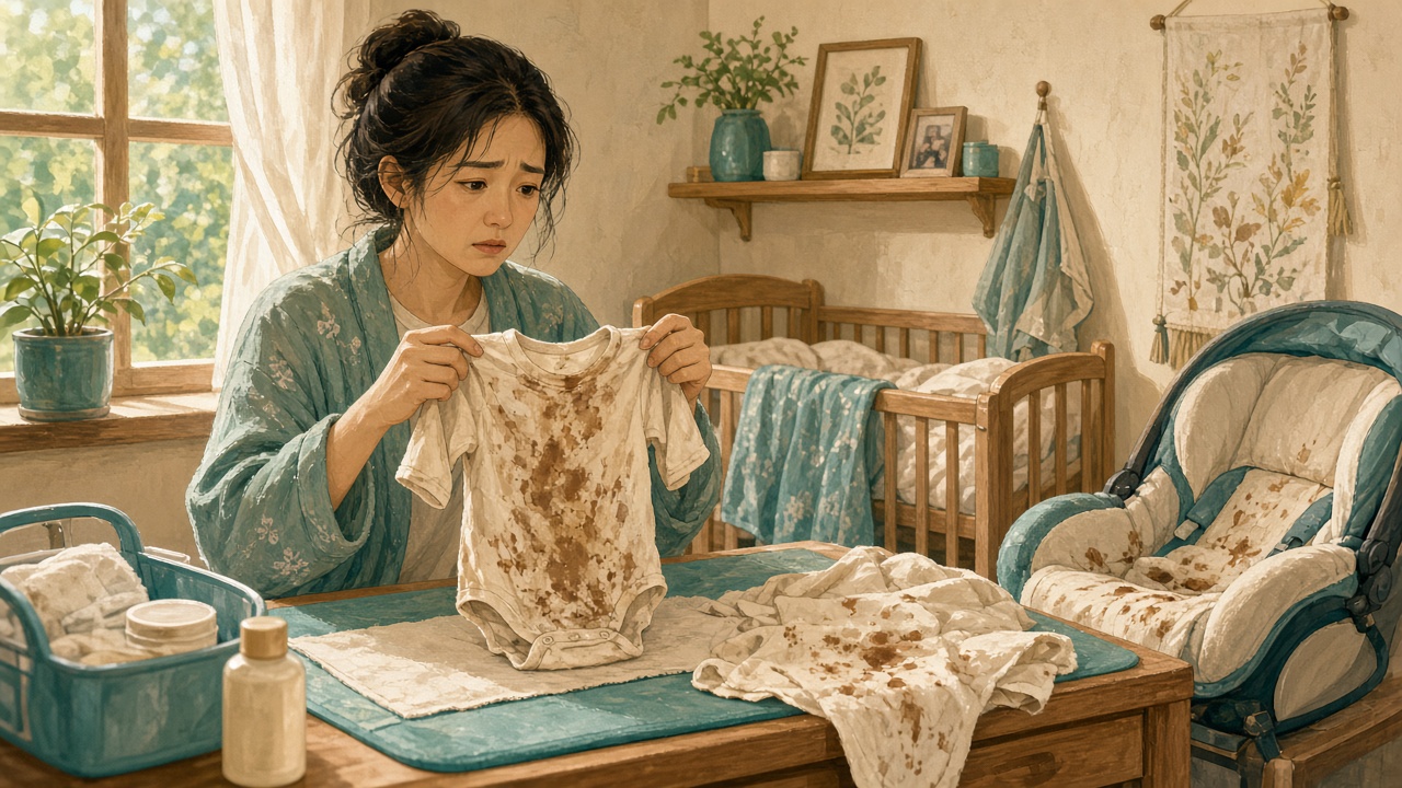 插畫：換尿布台旁，爸媽看著被尿布外漏弄髒的嬰兒連身衣和床包