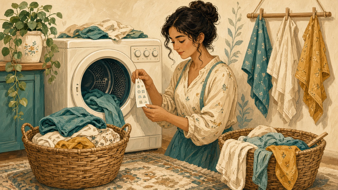 插畫：烘乾機前，一個人拿著衣服對照洗標，旁邊分成可烘和不可烘兩堆衣服