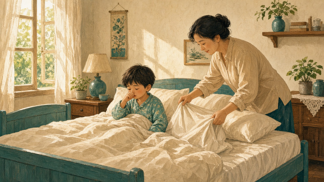 插畫：早晨的臥室，孩子坐在床上揉鼻子，家長正在拆下床包和枕頭套