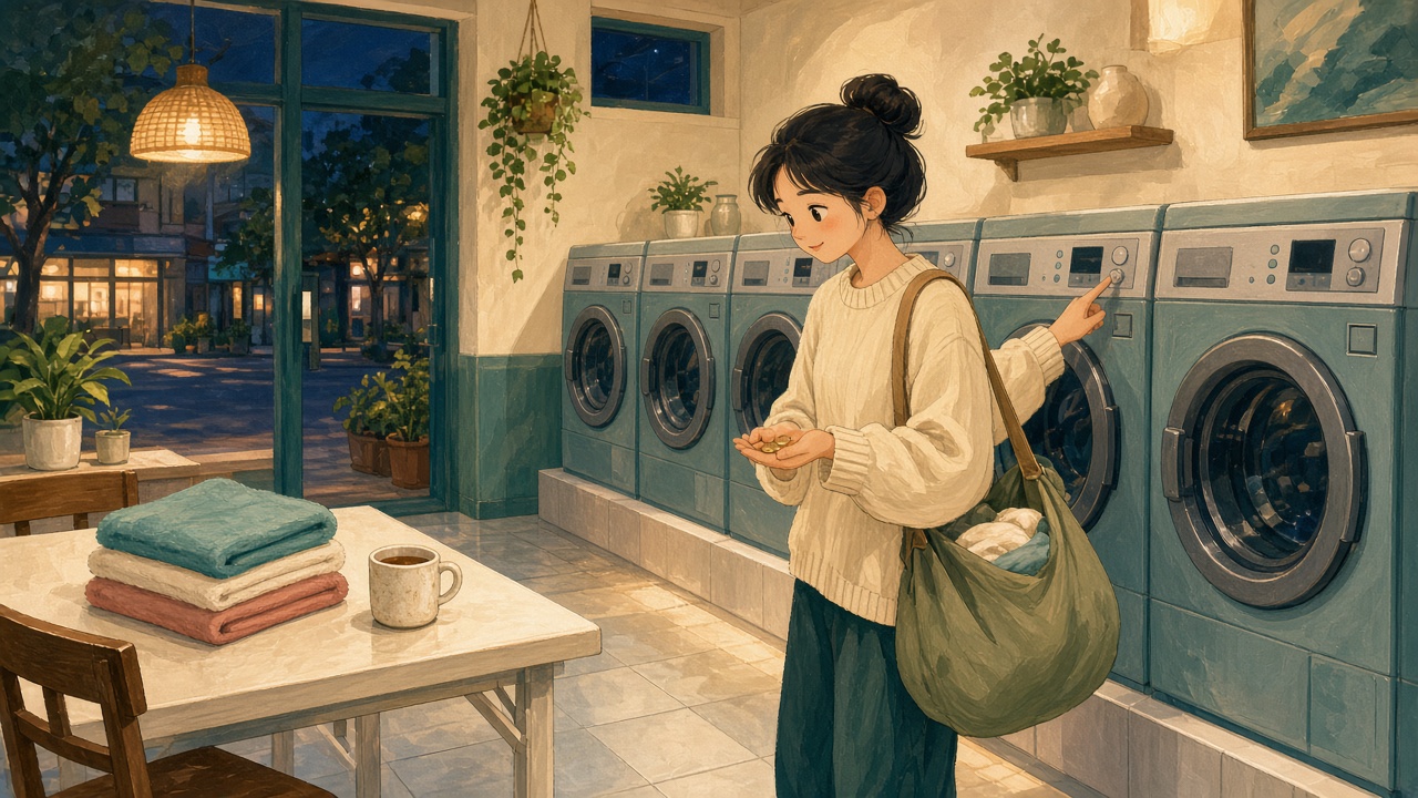 插畫：明亮的自助洗衣店裡，一排滾筒洗衣機整齊排列