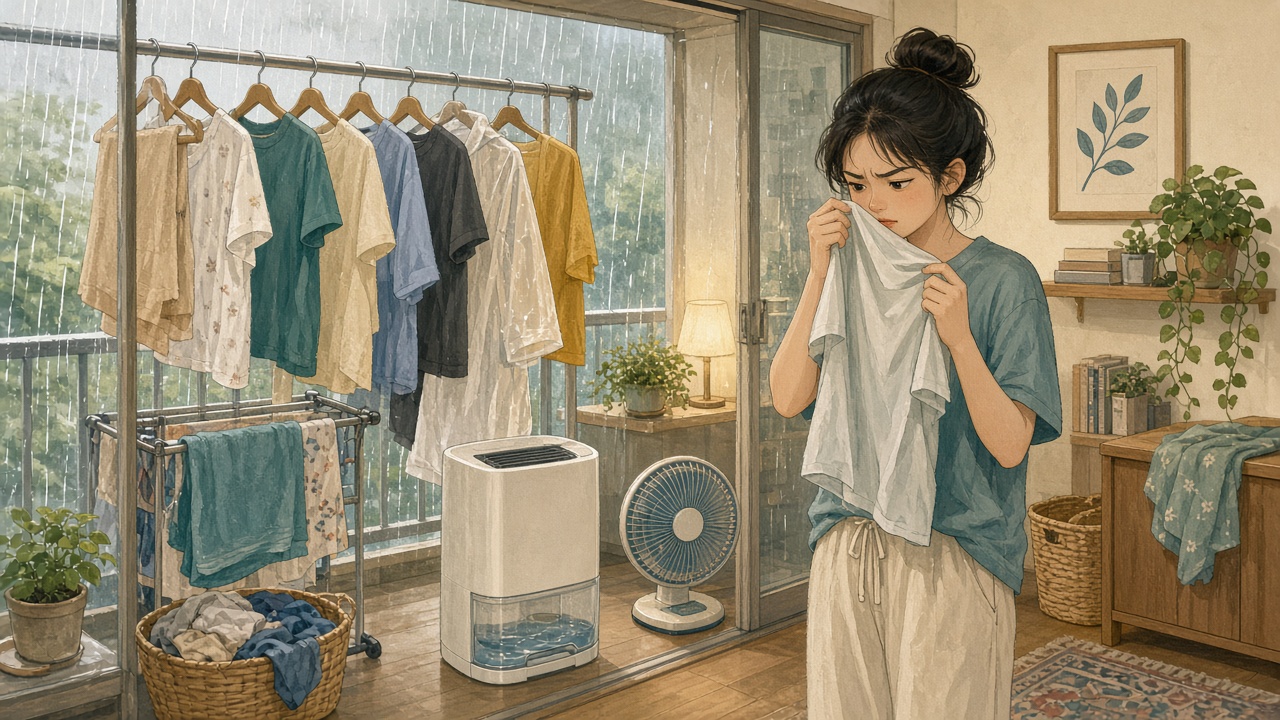 插畫：窗外下著雨，室內晾衣桿上掛滿衣服，衣服飄出一縷酸味