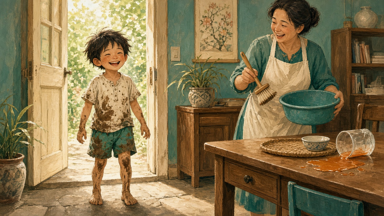 插畫：玄關處，孩子的褲子膝蓋沾滿泥巴，餐桌上打翻了一杯果汁，家長拿著刷子和水盆