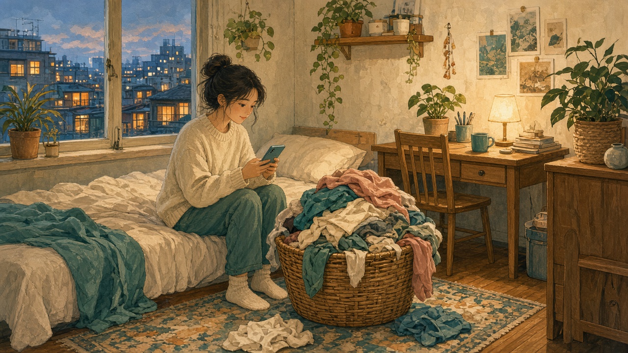 插畫：小套房角落的洗衣籃堆滿衣服，房客站在一旁看著衣服苦惱
