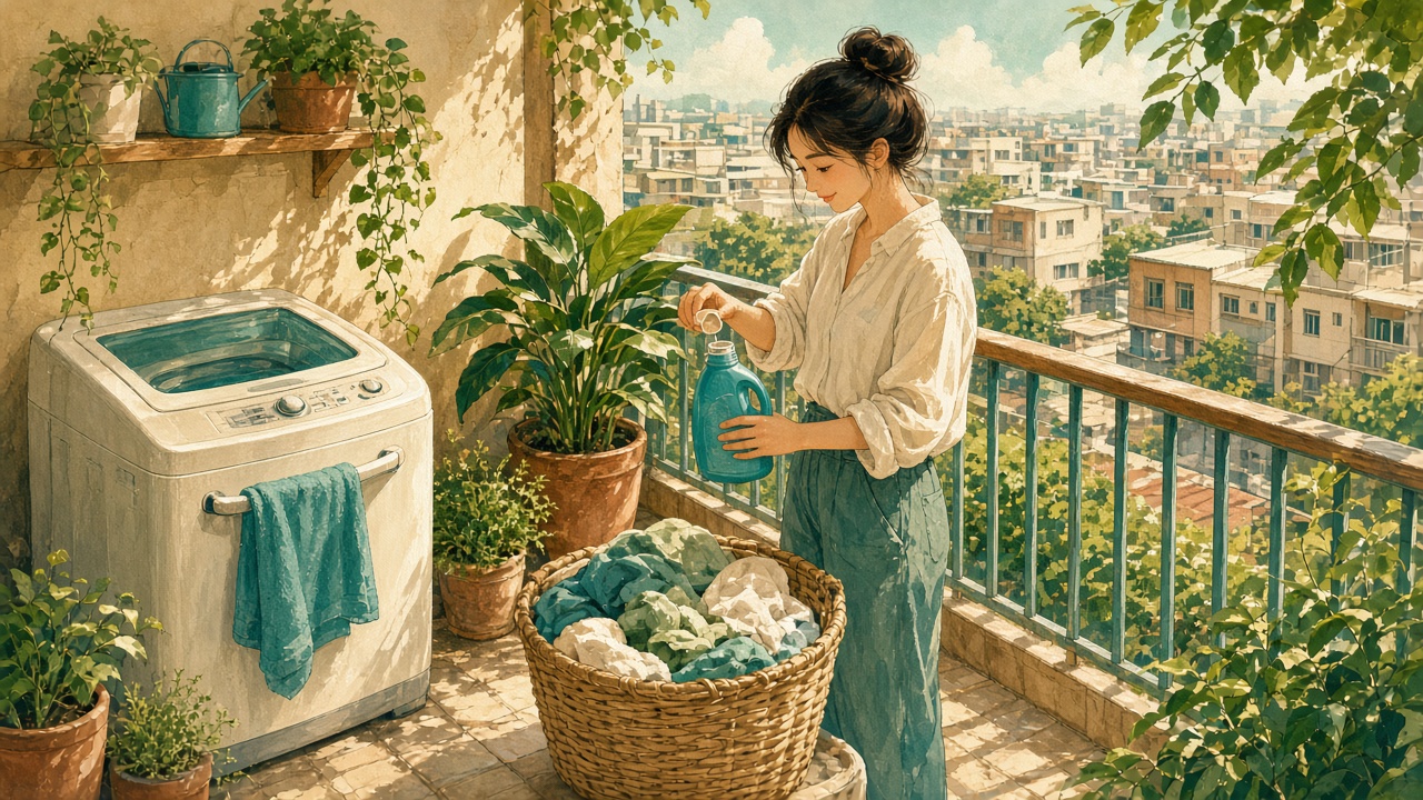 插畫：陽台上的洗衣機旁放著裝了七八分滿的洗衣籃和量杯，背景有綠色植物